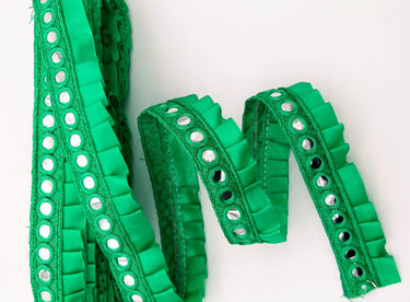 Jade Green Satin Pleated Lace Trim, Mirrored Fringe Trimming, Approx. 30mm wide